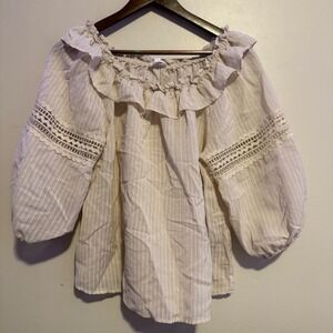 Women's Off The Shoulder Ruffle Blouse Cream Size L Boho Indie Feminine Artsy
